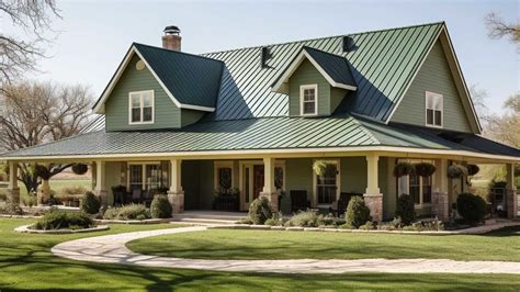 green house with green metal roof|farmhouse with green metal roof.